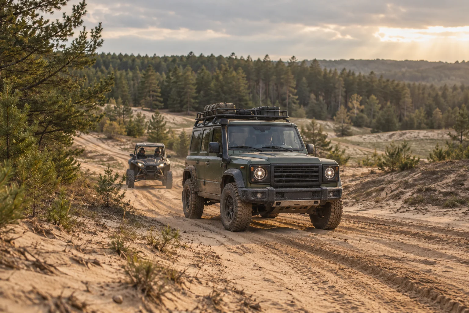 Un véhicule tout-terrain 4×4 et un SSV sur une piste sablonneuse parmi les pins — illustration conceptuelle générée par IA