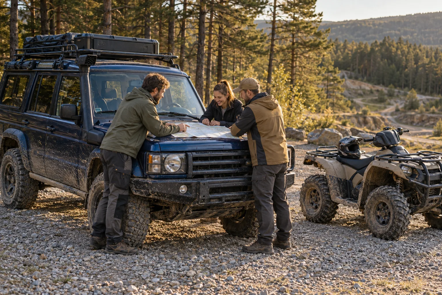 Trois personnes préparant un itinéraire à côté d’un 4×4 et d’un quad — illustration conceptuelle générée par IA